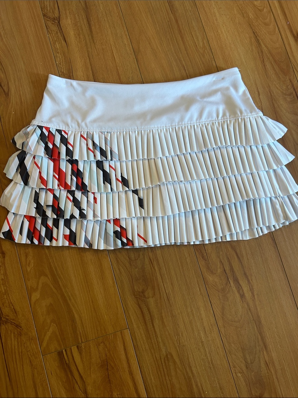 White Pleated Ruffle Mini Tennis Skirt with Red & Black Stripe Detail